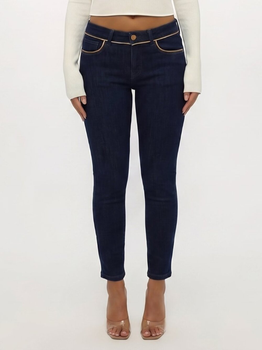 Anthropologie Pilcro Dark Blue Gold Pipe Trimmed High Rise Skinny Jeans 28